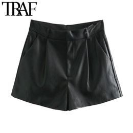 TRAF Women Chic Fashion Faux Leather Pleated Shorts Vintage High Waist Zipper Fly Side Pockets Female Short Pants Mujer 210415