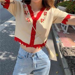 Summer Korean Thin Knitted Cardigan Women Heart Embroidery V-neck Contrast Knit Sweater Top Female Student 210519