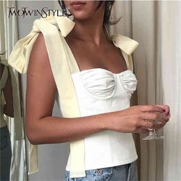 TWOTWINSTYLE White Crop Tops Female Sleeveless Bandage Short Strap Vest For Women Vintage Fashion Korean Summer Tide 210407