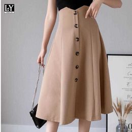 LY VAREY LIN Summer Women Sweet Ruffles High Waist Skirts Button Midi Pleated Skirt Casual Slim Solid Colour 210526