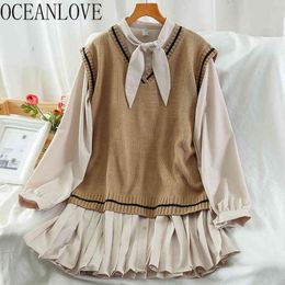 Preppy Style Two Piece Set Women Autumn Winter Japan Fashion Ropa Mujer Sweet Vests+ Solid Mini Dresses 19173 210415