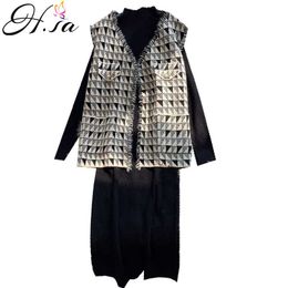 H.SA Women Fall Long Knitting Dress Elegant 2 Pieces Chic Sweater Vest argyle cardigan and Jumper Suit 210417