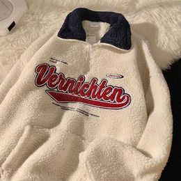 Vintage Punk Style Streetwear Chic V-neck Letter Embroidery Sweatshirt Women Baseball Oversized Harajuku lambswool coats ins 211206