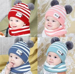 2 Pieces Baby Beanies Cap Set Kid Colour Plush Ball Girls Hat And Scarf Sets Winter Warm Caps For Boys Newborn Hats DB946