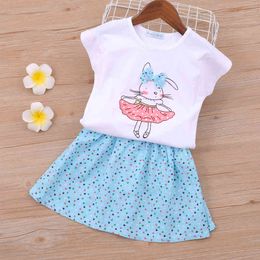 Summer Children's Clothing Suit Cute Cartoon Rabbit Girl Clothes Short-sleeve T-shirt + Short Skirt 2-piece Set 210515