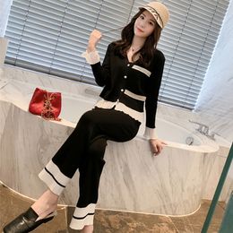 Women Autumn Knit Flare Sleeve Cardigans Loose Pleated Hem Pants Sets V Neck Single Breasted Knitted Tops Ankle-Length Pant Suit 210514