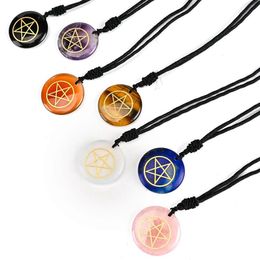 Natural Stone Engraved Ancient Egypt Pentacle Pendant Necklace Jewellery Reiki Symbol Healing Crystal Amulet Amethyst Rose Quartz Opal Hanging Accessory