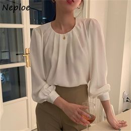 O Neck Lantern Long Sleeve Pullover Blouse Women Spring Work Style Ol Blusas All Match White Shirt 210422