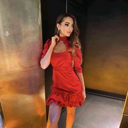 Women Sexy Hollow Out Ruffled Party Dress Half Sleeve Stand Collar Solid Elegant Casual Mini Dress Spring New Fashion Dress 210412