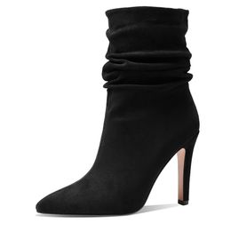 Great Quality Big Size 43 Thin High Heels Pointed Toe Sexy Elegant Office Lady Party Slip On Ankle Boots Flock Black Woman Shoes