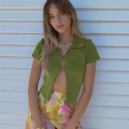 Velvet Button Up Summer Crop Tops Casual Turn Down Collar Blouse Shirt Short Sleeve Green Top Femme Blusas Camisas 210427