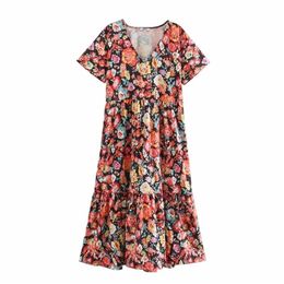 women vintage v neck short sleeve floral print straight dress chic female pleats vestidos casual party dresses DS3704 210420