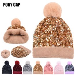 Sequins Knitted Hats Pompom Removable Winter Outdoor Beanie Warm Fashion Skull Caps Woollen Street Windproof Stretch Crochet Ear Muff Headwear Bonnets B7780