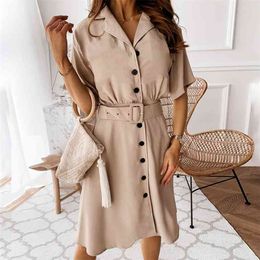 Elegant Button Blazer Dress Women Solid Casual Belt Short Sleeve Office Ladies Workwear vestidos summer autunm 210427