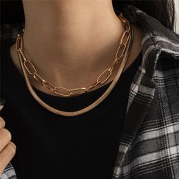 2Pcs/Set Flat Round Snake Chain Necklace for Women Sexy Wedding Collar Bijoux Femme Cuban Lock Link Choker Fashion Jewellery 2021