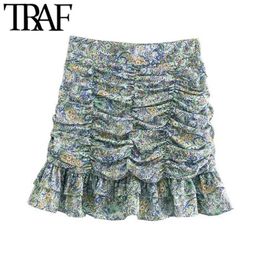 TRAF Women Chic Fashion With Ruffled Pleated Printed Mini Skirts Vintage High Waist Back Zipper Female Mujer 210619