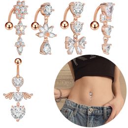 Set of 5 Pcs 14G Dangle Belly Button Rings for Women 316L Surgical Steel CZ Barbell Piercing Dangling Reverse Curved Navel Bars Body Jewellery