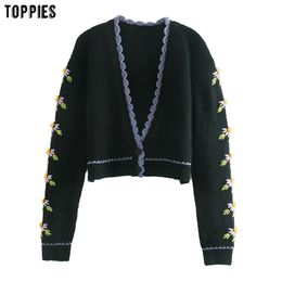 Toppies Spring Short Knitted Cardigan Sweater Woman Button Jacket Coat Floral Embroidered Vintage Clothes 210412