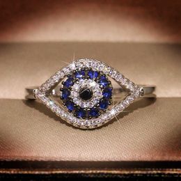 Punk Female Blue Crystal Stone Ring Charm Zircon Silver Color Wedding Rings For Women Dainty Evil Eye Hollow Engagement Ring X0715
