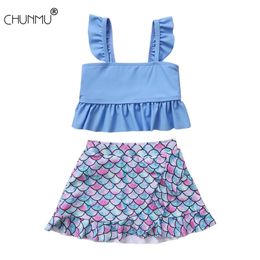 Toddler Kids Baby Girls Blue Swimwear Swimsuit Bathing Suit Beachwear Top and Swim Skirt Summer Children's 210508