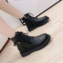 Ankle Boots For Women Shoes Woman Thick Bottom Mid Heels Leather Boots Buckle Strap Lace Up Winter Boots Botas Mujer Plus Size