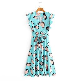 women fashion pleated ruffles leopard printing midi dress ladies v neck bow sashes vestidos chic vacation style dresses DS3452 210603