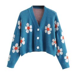 Women Sweater Knitted Cardigans V Neck Autumn Blue Black Floral Short Cropped M0134 210514