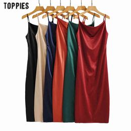 Toppies Woman Party Dress Sexy Backless Satin Camisole Dress Ladies Chic Vestidos Split Solid Colour 210412