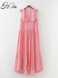 Hsa Fashion Holiday Beach Dress Vintage Casual Loose Long Dresses Summer Woman Sleeveless Girl Floral Print Dress 210716