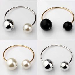 Vivilady Fashion Double Imitation Pearl Bangles Women Gold Color White Black Round Beads Bracelet Female Crystal Gift Cuff Q0719