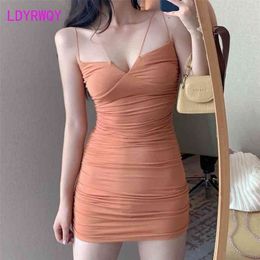LDYRWQY summer fashion temperament sexy shoulder strap v-neck pleated slim bag hip dress Office Lady 210416