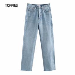 Casual Blue Jeans High Waist Straight Woman Denim Pants Tassel Hem Female Trousers 210421