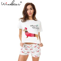 Christmas Pyjama Sets Women Dachshund With Santa Hat Dog Print 2 Pieces Set Crop Top + Shorts Elastic Waist Loose pyjamas S7N001 210421