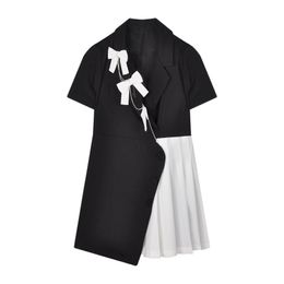 Women's Suits & Blazers Retro Design Colour Matching Bow Tie Suit Dress Female Summer Waist Pleated Skirt White Blazer Women COTTON