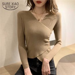 Spring Women Cross V-neck Sweaters Girls Knitted Knitwear Side Button Sweater Full Sleeve Pullovers Female Crop Tops Chic 210527