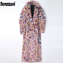 Nerazzurri Winter Leopard Long Colourful Soft Warm Thick Fluffy Furry Faux Fur Trench Coat for Women Runway European Fashion 210928