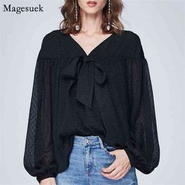 Spring Lantern Sleeve Oversize Shirt Women V-neck Bow Loose Solid Blouse Femme Casual Plus Size Office Ladies Tops 12638 210512