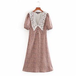 Women Vintage Puff Sleeve Printing Midi Dress Lace Crochet Turn Down Collar Side Zipper Vestidos Chic Casual Dresses DS3623 210420