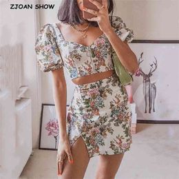 Summer Zipper Cotton linen Floral Short T-shirt Crop Top Sexy Women Hem Slit Mini Skirt Puff Sleeve Tops 2 Pieces Set 210429