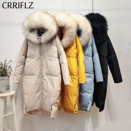 Fashion Raccoon Fur Collar Long Winter White Duck Down Jacket Women Solid Slim Warm Thick Hooded Coats Ladies Parka 210520