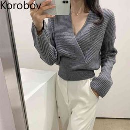 Korobov Korean Vintage Solid Women Sweaters New Chic V Neck Long Sleeve Sueter Mujer Autumn Winter Crop Pullovers 210430