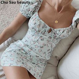 Fashion Summer Women Holiday Style Mint Green Floral Print Mini Dress Ladies Casual Chic Puff Sleeve V-neck Dresses 210508