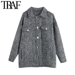 TRAF Women Fashion With Pockets Oversized Tweed Jacket Coat Vintage Long Sleeve Button-up Female Outerwear Chic Tops 210415