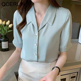 Office Ladies Short Sleeve Satin Shirt Female Elegant Formal OL Chic Button White Blouse Plus Size Girl Sweet Tops 210601