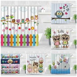 Cute Owl Shower Curtains Cartoon Animals Colour Flowers Fence 3D Print Waterproof Children Bathroom Decor Hooks Bath Curtain Set 211116