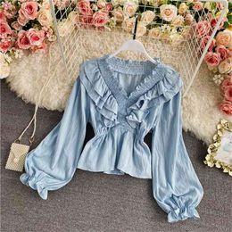 Spring Autumn V-neck Pleated Shirt Women's Ruffled Temperament Trumpet Sleeves Are Thin Wild Cropped Top C153 210506