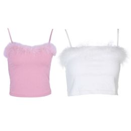 Womens Sexy Spaghetti Strap Feather Fluffy Plush Trim Crop Top Bandeau Camisole Pink, White 210407