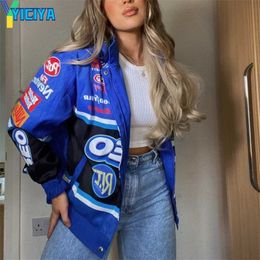 Blue Casual 3xl Baseball Jacket Sports Style Spring And Autumn Printed letter Long Sleevetrench Women Bomber 211014