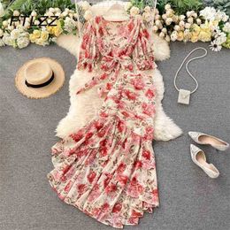 Women Beach Two Piece Sets Summer Sexy V-neck Bandage Blouse Irregular Fishtail Skirt Outfits Ladies Chiffon Floral 210525
