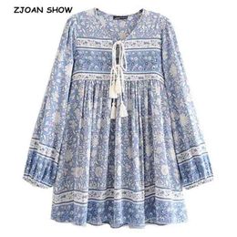 Bohemia Lacing up V neck Blue White Floral Print Dress Summer Ethnic Woman Long Sleeve Tassel Short Strappy Dresses Holiday 210429